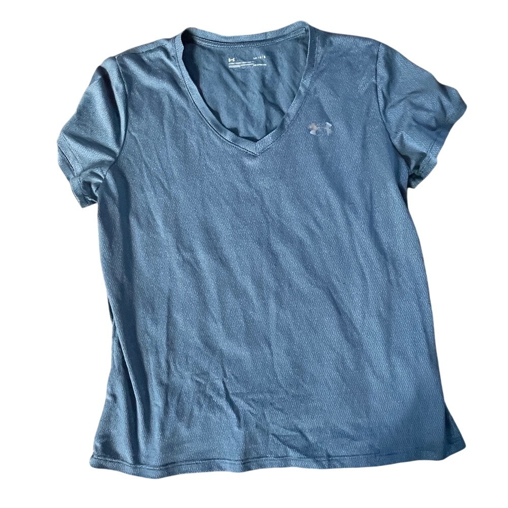 Under Armour HeatGear Womens V-Neck Short Sleeve T-Shirt Blue Loose Fit LG